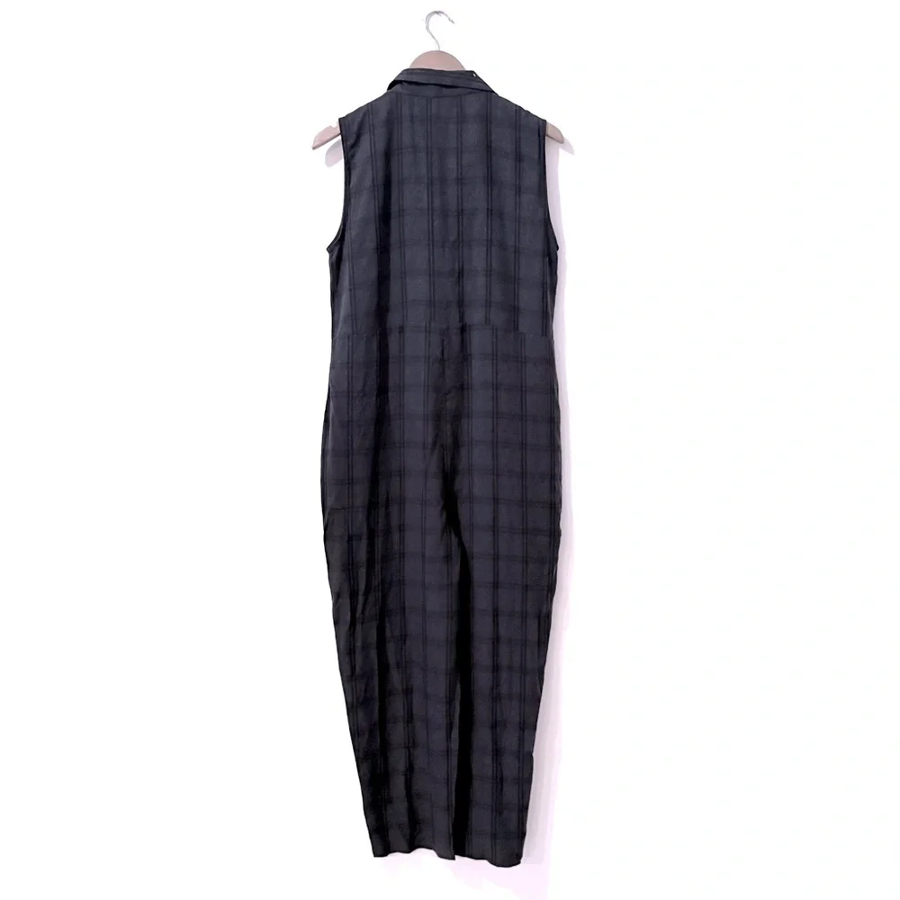 NWT Anthropologie Navy Plaid Sleeveless Cropped Jumpsuit Pockets Small - Picture 4 of 9